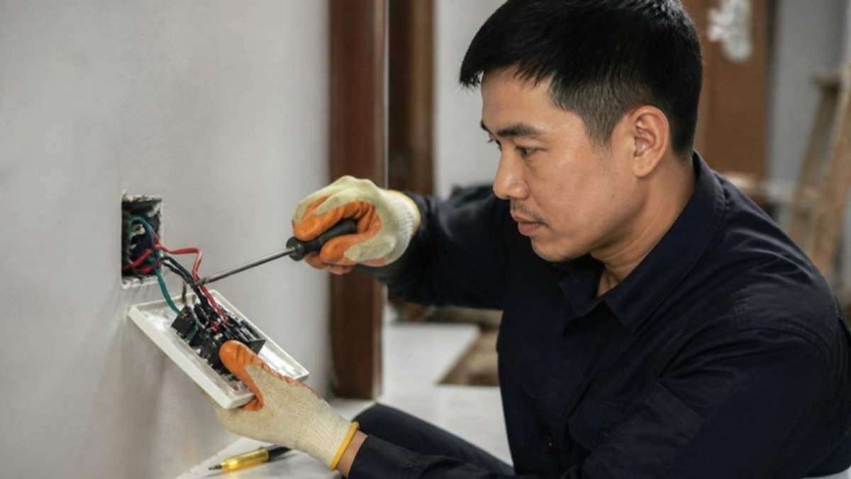 Thợ điện mặc đồ bảo hộ đang siết lại đầu dây trong hộp ổ cắm sau khi đã cắt điện