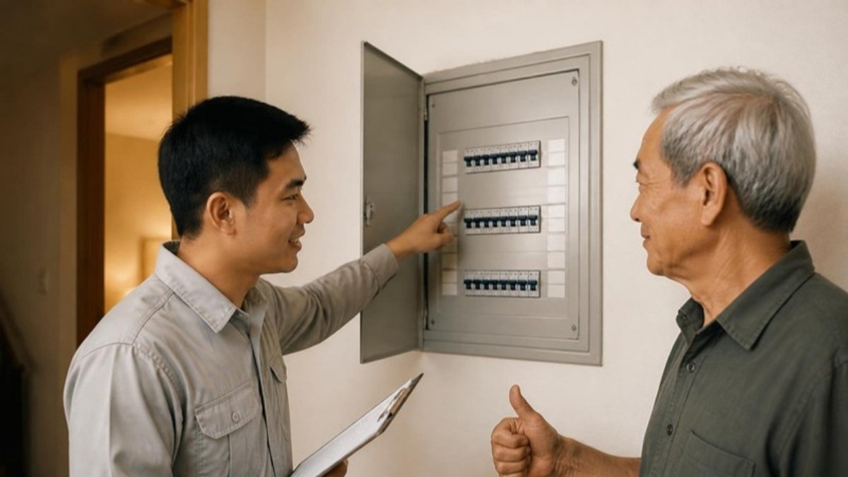 Thợ điện chỉ cho chủ nhà cách nhận biết từng nhánh trên tủ điện đã dán nhãn