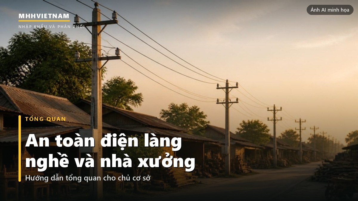 Đường dây điện trên cột chạy qua khu xưởng làng nghề