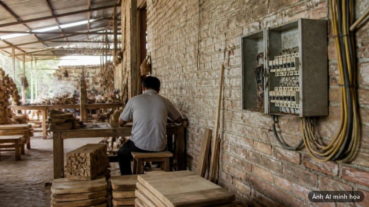 Xưởng sản xuất làng nghề với tủ điện treo trên tường gạch