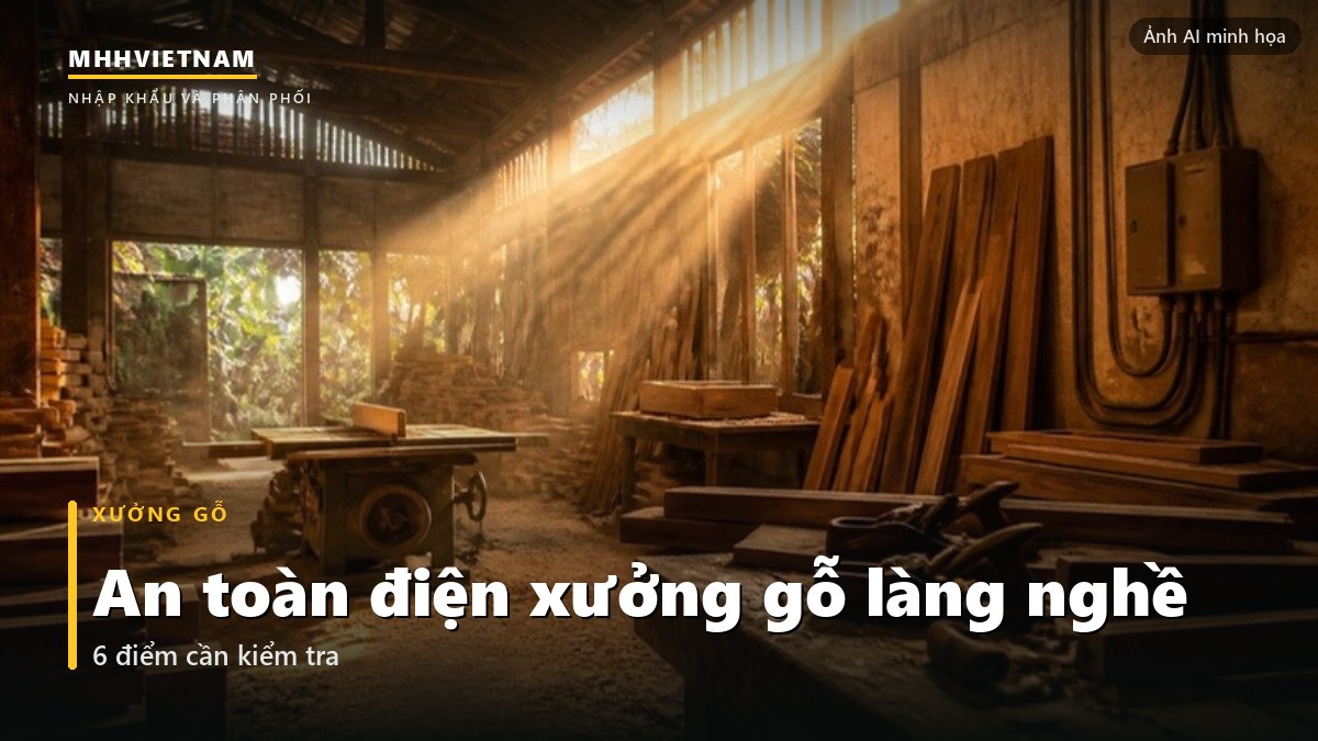 Xưởng gỗ làng nghề với tủ điện trên tường và bụi gỗ trong nắng