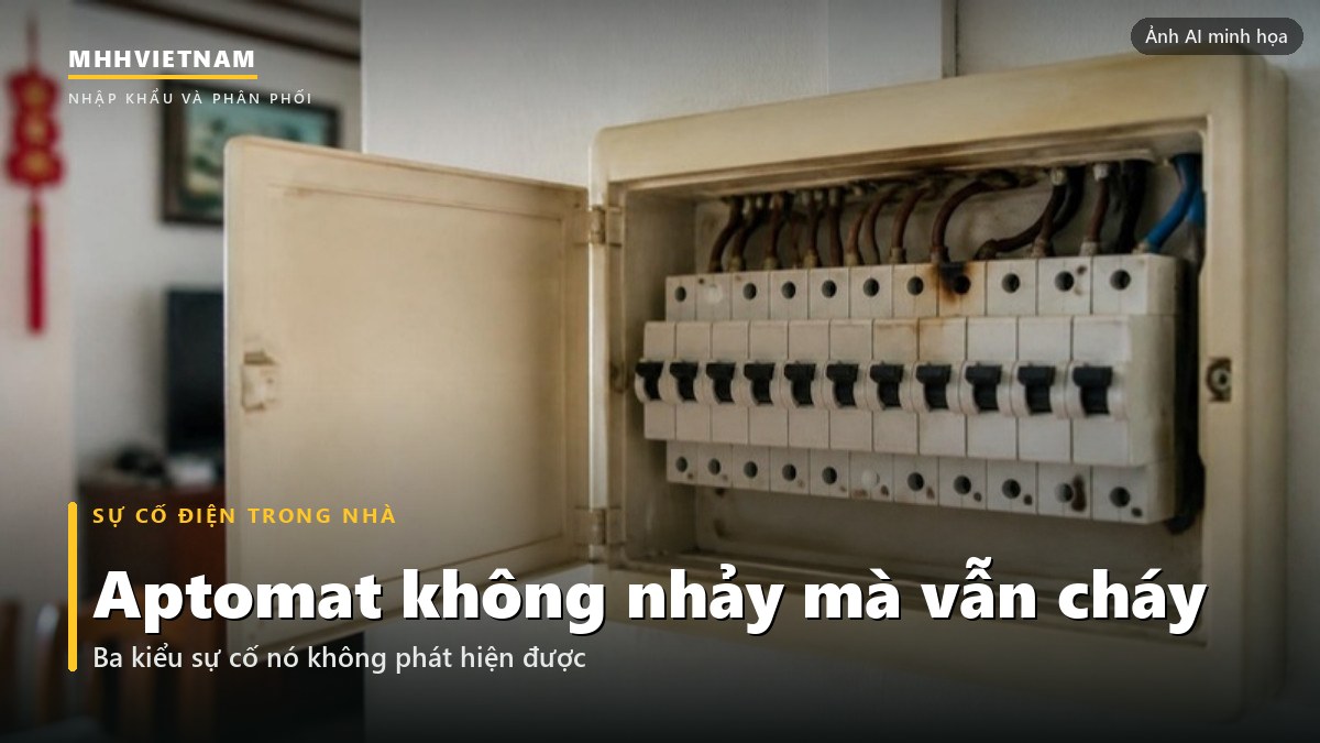 Tủ điện gia đình với dãy aptomat còn nguyên, không cái nào nhảy