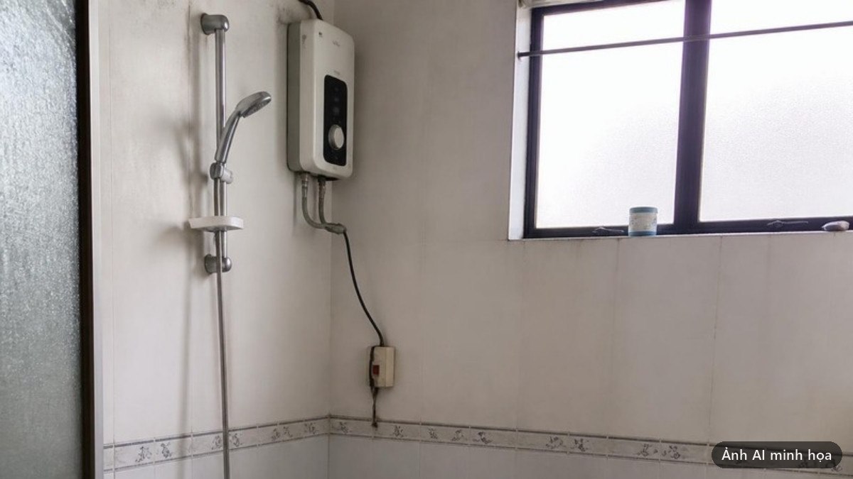 Nhà tắm gia đình với bình nóng lạnh gắn tường phía trên khu vực vòi sen, nền gạch ướt
