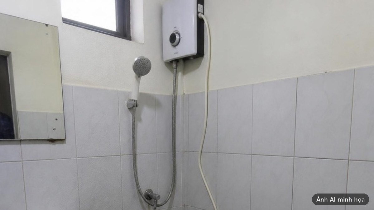 Bình nóng lạnh gắn tường trong nhà tắm nhỏ của phòng trọ, dây nguồn chạy xuống ổ cắm trên tường ẩm