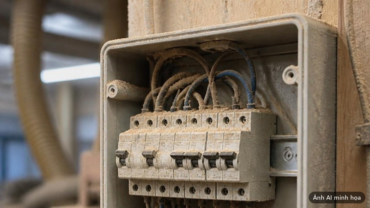 Bên trong một tủ điện treo tường trong xưởng mộc, lớp bụi gỗ mịn phủ kín các aptomat và dây đấu nối