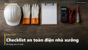 Bộ dụng cụ kiểm tra an toàn điện bày trên bàn gỗ