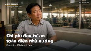 Chủ xưởng tính toán chi phí trong văn phòng nhìn ra nhà xưởng