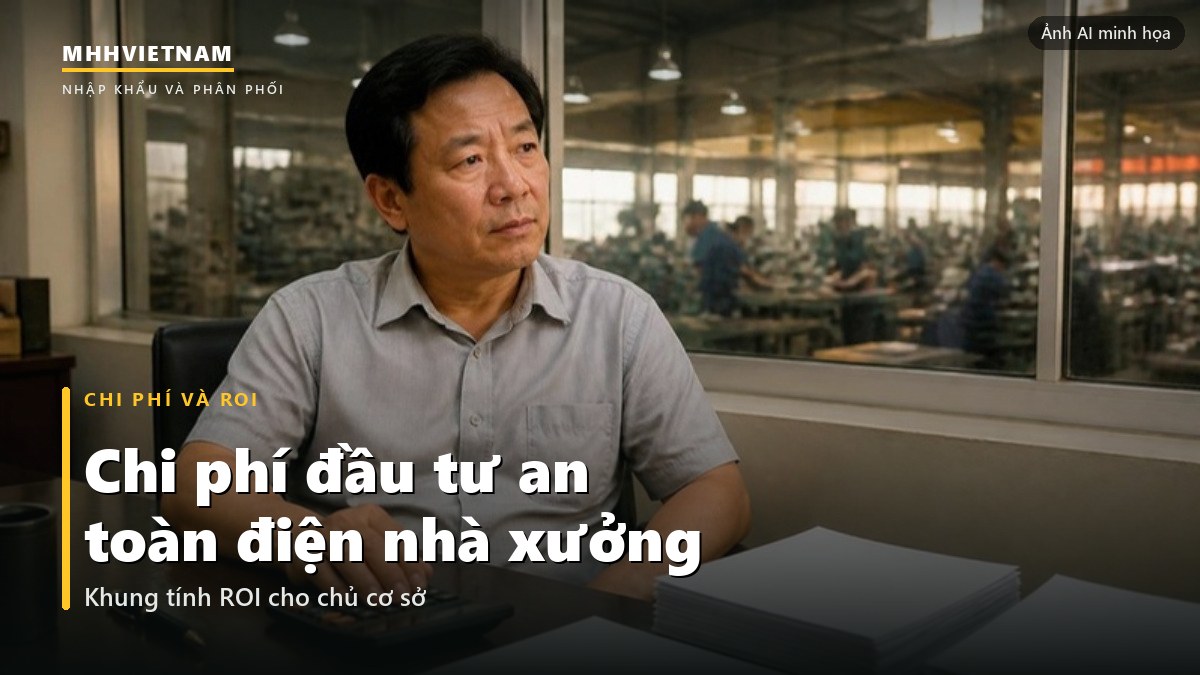Chủ xưởng tính toán chi phí trong văn phòng nhìn ra nhà xưởng
