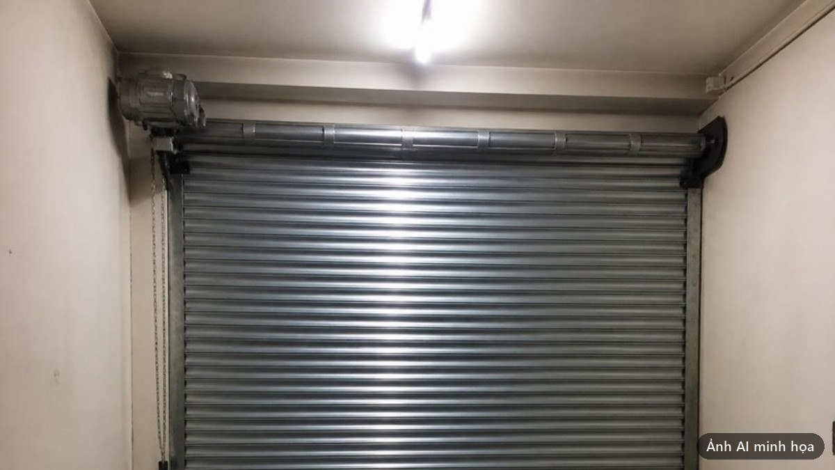 Cửa cuốn kim loại đóng kín nhìn từ bên trong gian hàng, có dây kéo tay bên cạnh ray