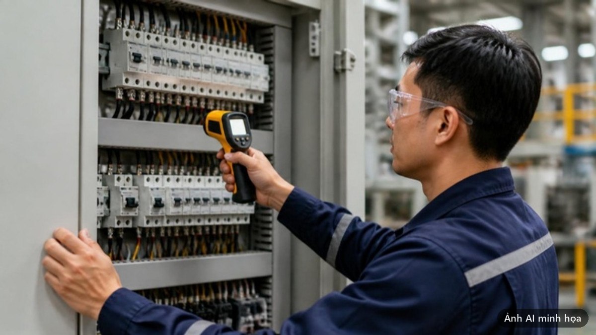 Kỹ thuật viên dùng súng đo nhiệt hồng ngoại kiểm tra hàng aptomat trong tủ điện