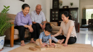 Gia đình ba thế hệ Việt Nam trong phòng khách, ông bà và cháu nhỏ