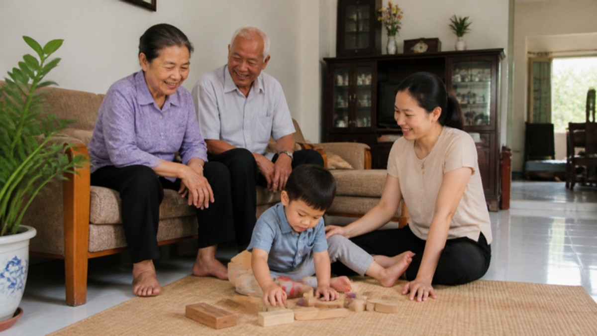 Gia đình ba thế hệ Việt Nam trong phòng khách, ông bà và cháu nhỏ