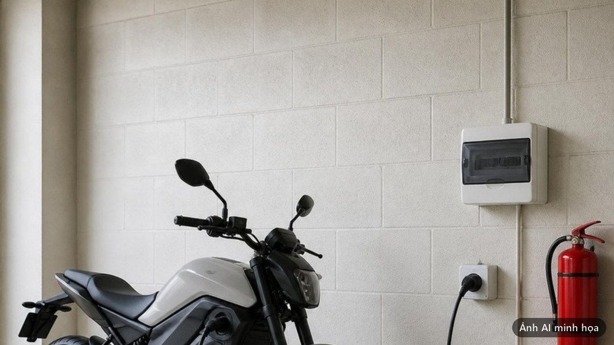 Góc sạc xe điện bố trí gọn gàng với tủ điện nhỏ, ổ cắm riêng và bình chữa cháy treo tường