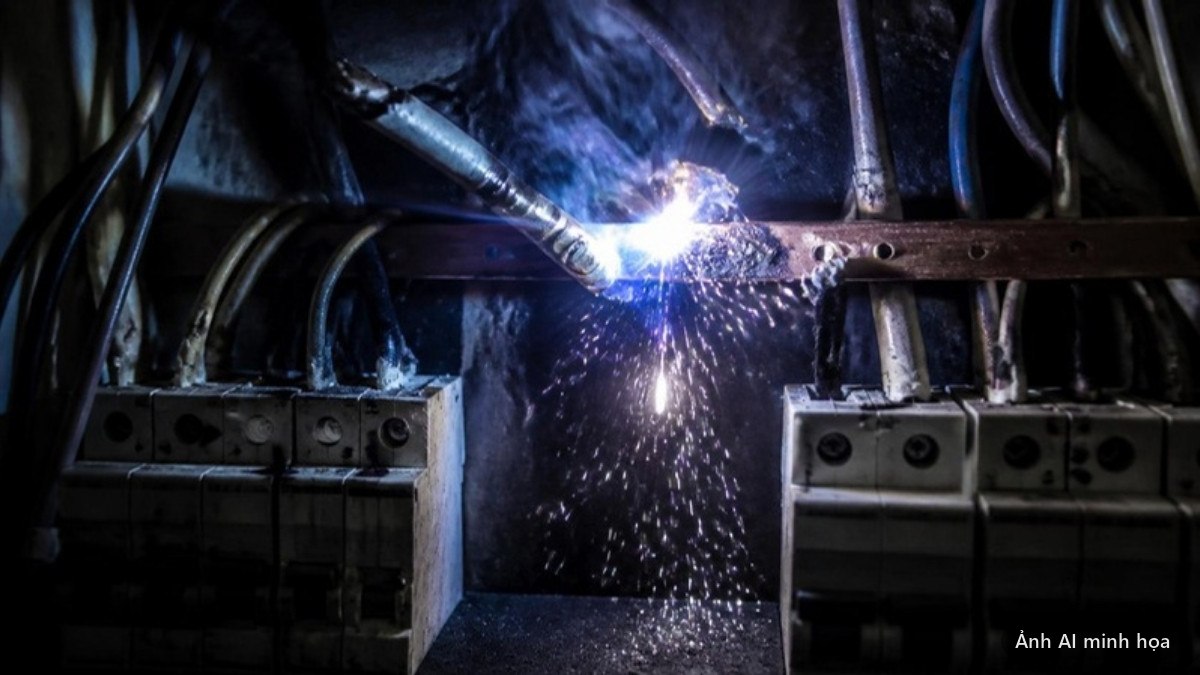 Hồ quang điện xanh trắng phóng tại đầu cốt lỏng trong tủ điện công nghiệp