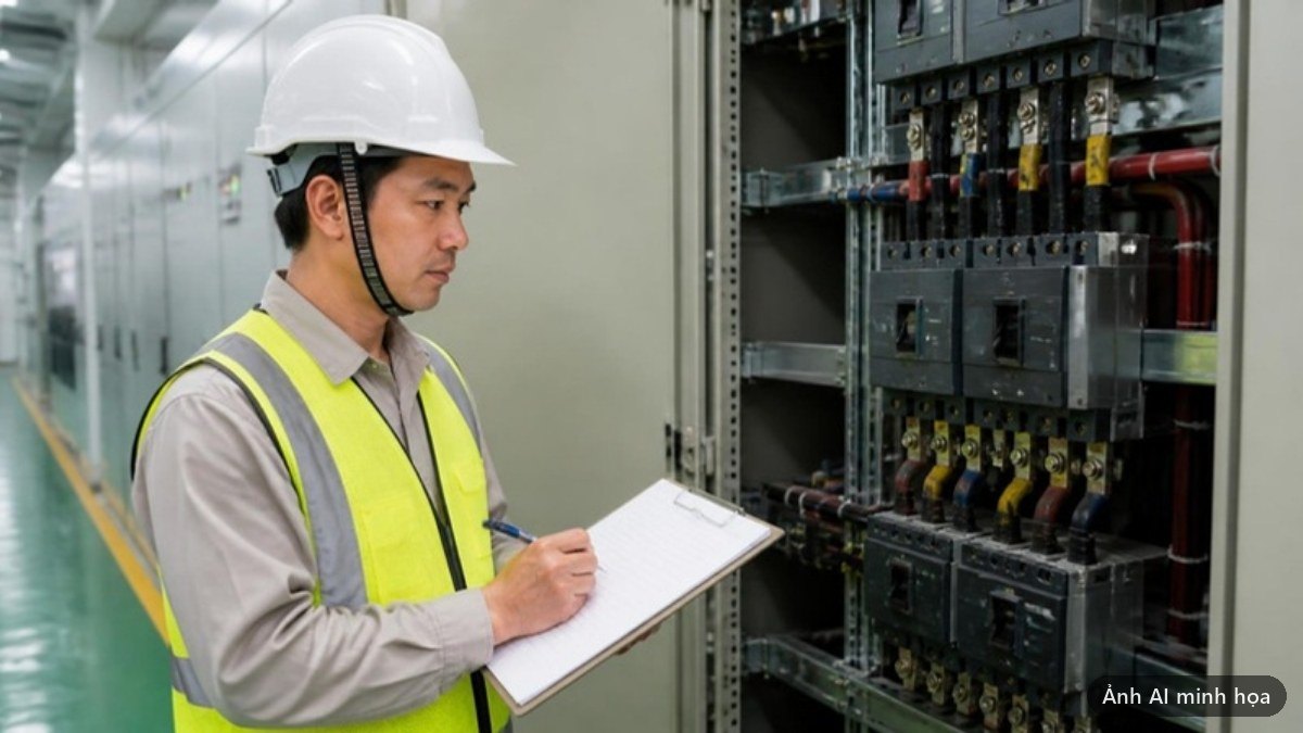 Nhân viên kiểm tra an toàn điện ghi chép trước tủ điện công nghiệp