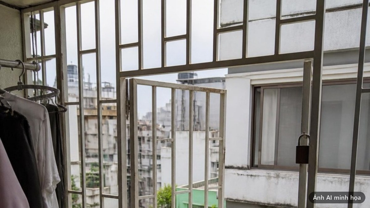 Lan can sắt bảo vệ ban công đã được làm thêm một cửa thoát hiểm có bản lề và ổ khoá treo sẵn