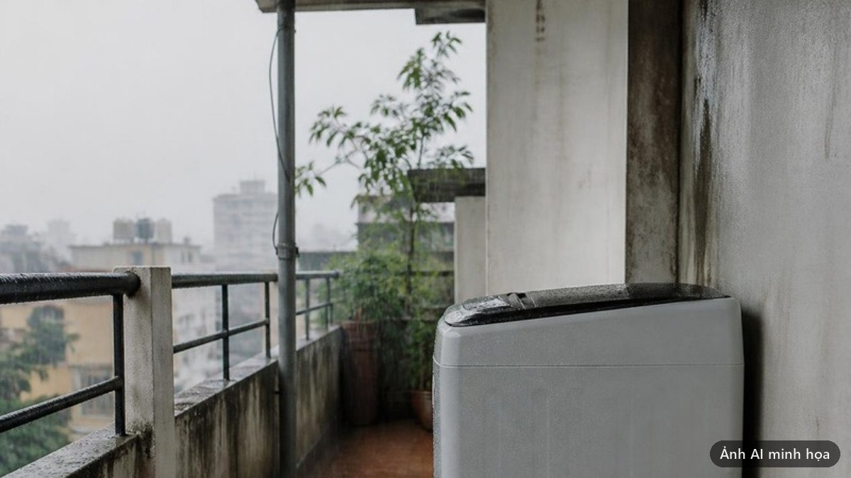 Máy giặt đặt ở ban công hở khi trời mưa, dây nguồn cắm vào ổ thấp trên tường ướt, nước đọng dưới chân máy