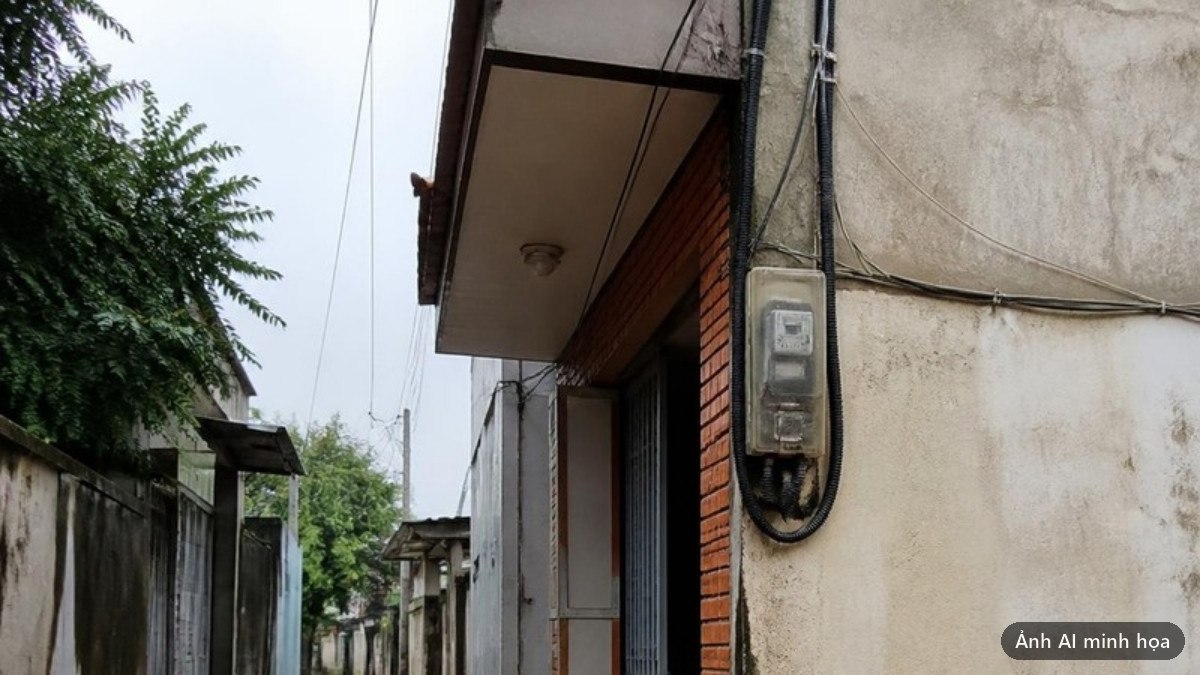 Ngõ nhỏ ngập nước sau trận mưa lớn, công tơ điện và bó dây gắn trên tường phía trên mặt nước