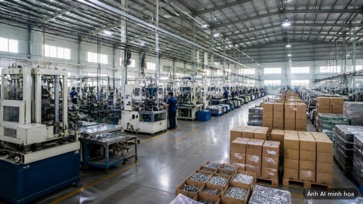 Nhà xưởng với dây chuyền máy móc và hàng hoá xếp thành kiện