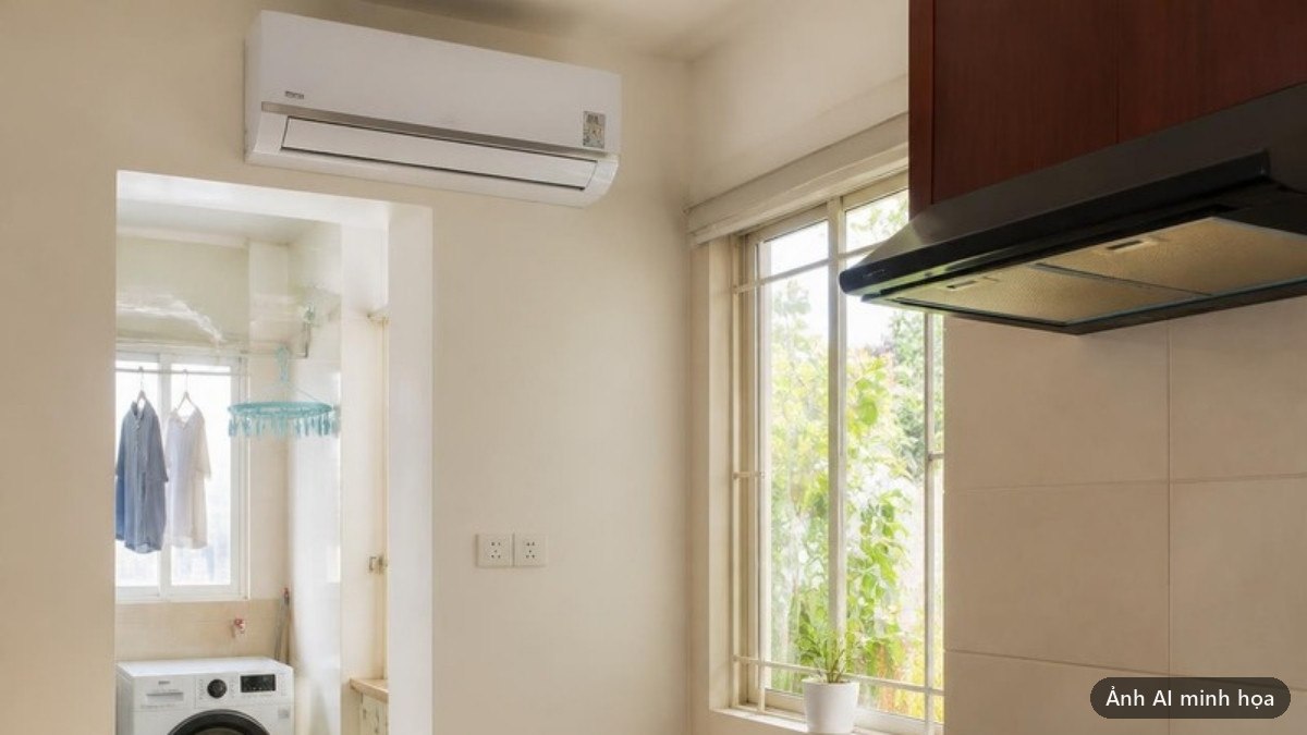Một căn nhà có điều hoà treo tường, máy giặt trong nhà tắm và máy hút mùi trong bếp