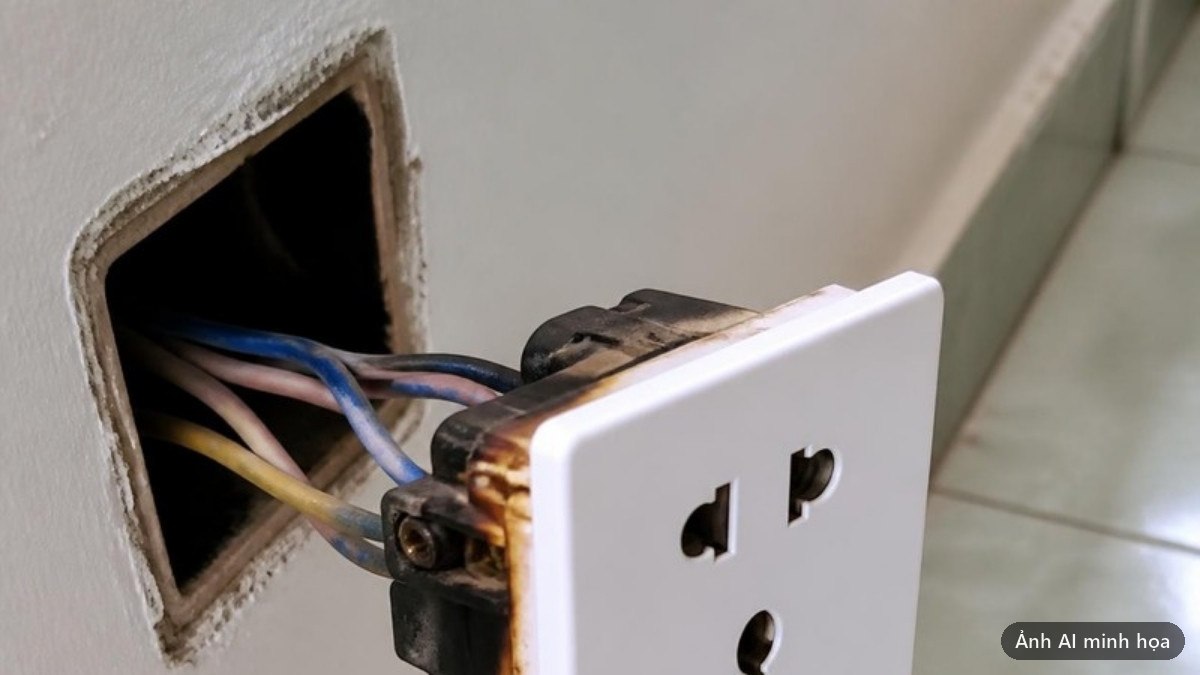 Một ổ cắm điện được tháo khỏi hộp âm tường, mặt sau có vết cháy sém đen quanh chỗ đấu dây