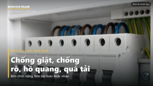 Hàng aptomat trắng trên thanh ray trong tủ điện
