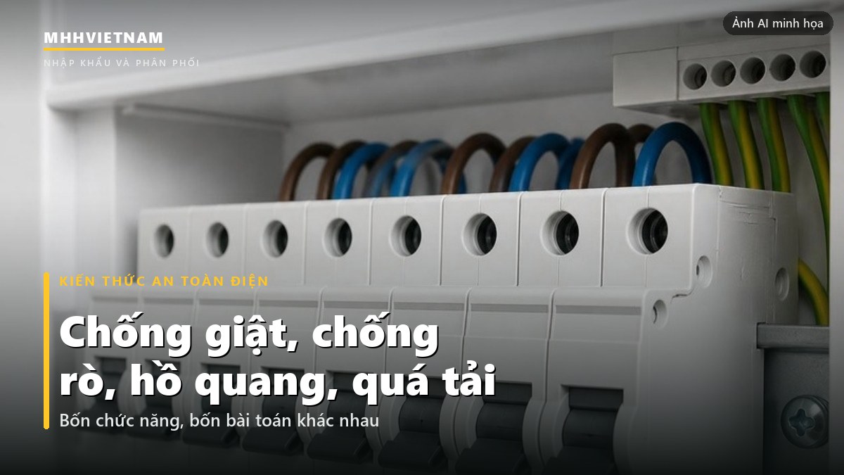 Hàng aptomat trắng trên thanh ray trong tủ điện