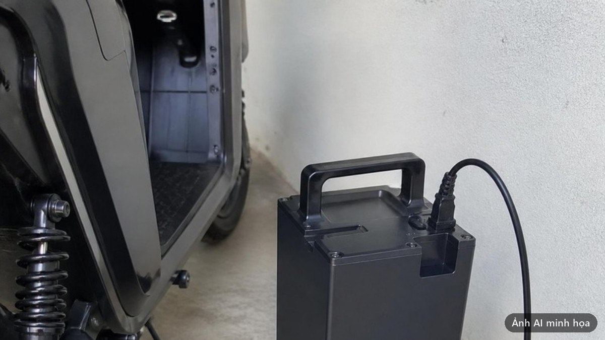 Khối pin xe máy điện tháo rời đặt trên nền bê tông cạnh xe, đang cắm dây sạc