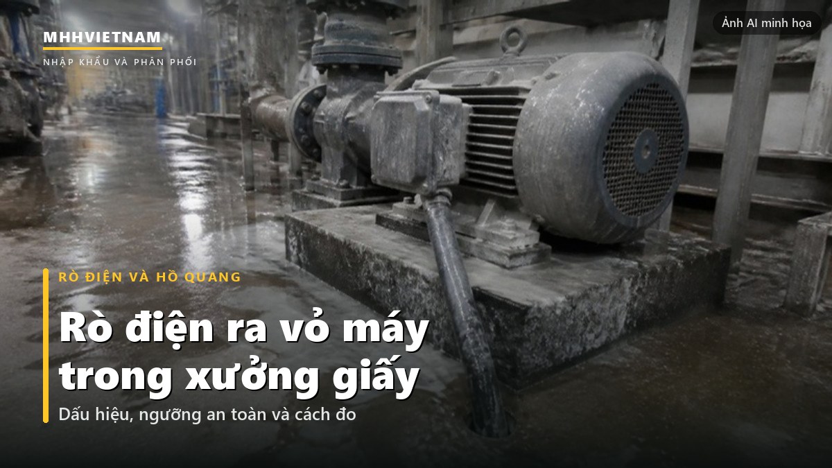 Nền ướt quanh mô tơ bơm trong xưởng giấy