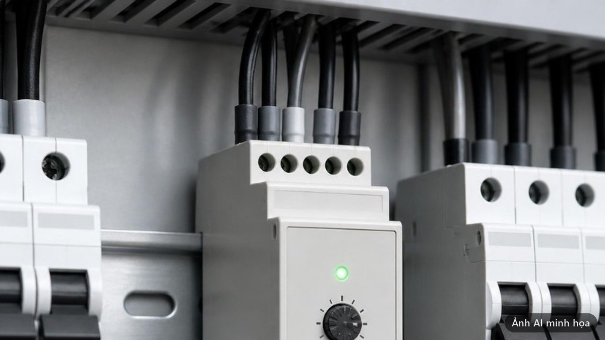 Rơ le giám sát điện áp ba pha gắn trên thanh ray DIN giữa các aptomat trong tủ điện