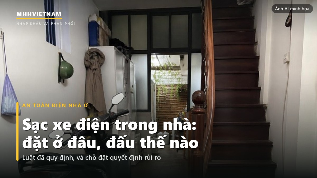 Xe máy điện cắm sạc ở tầng một nhà ống, ngay cạnh chân cầu thang