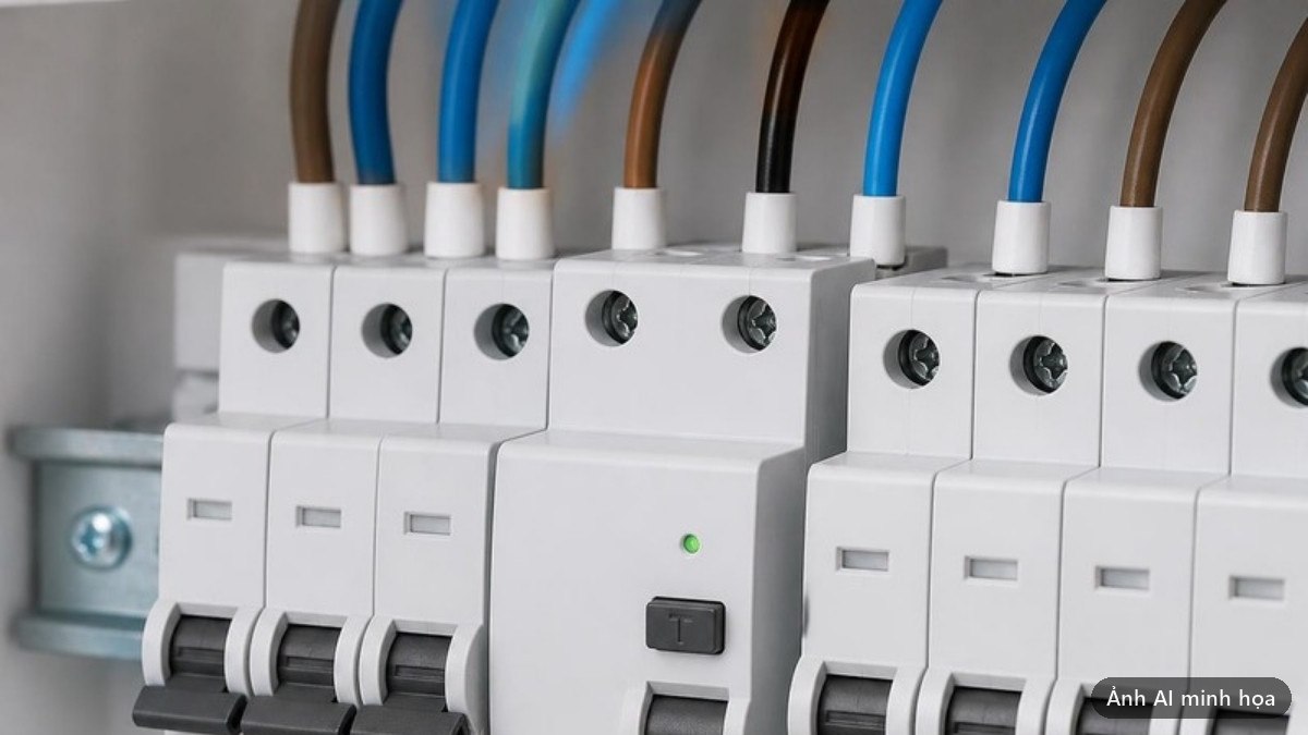 Thiết bị bảo vệ hiện đại có đèn báo gắn trên thanh ray giữa các aptomat trong tủ điện trắng