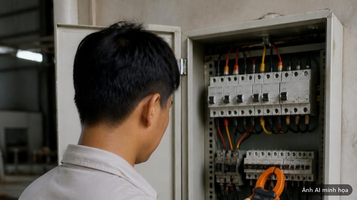 Thợ điện đeo găng cách điện dùng ampe kìm đo dòng trên một sợi cáp trong tủ điện đang mở