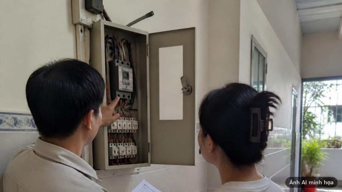 Thợ điện đang chỉ vào các thiết bị trong tủ điện và hướng dẫn chủ nhà đứng bên cạnh