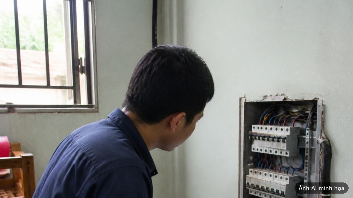 Thợ điện quỳ cạnh tủ điện gia đình đang mở, vừa nhìn các aptomat vừa ghi vào bảng kẹp
