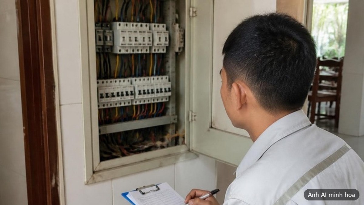 Thợ điện đứng trước tủ điện đang mở, tay cầm bảng kẹp ghi lại số liệu