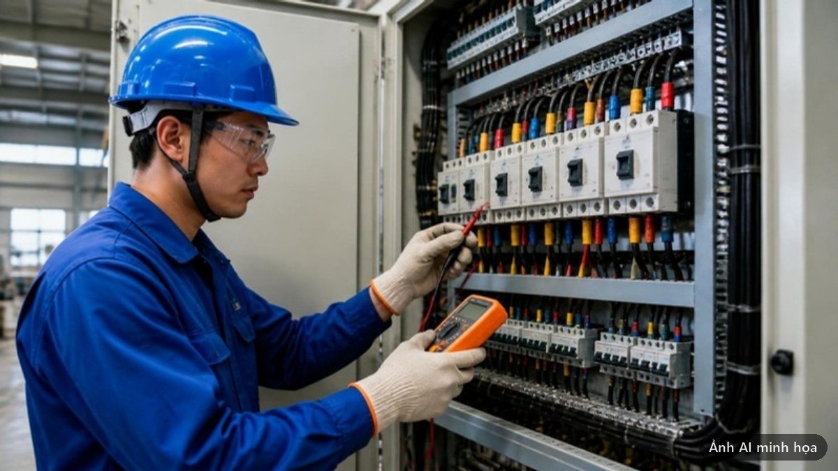 Thợ điện dùng đồng hồ đo kiểm tra tủ điện ba pha