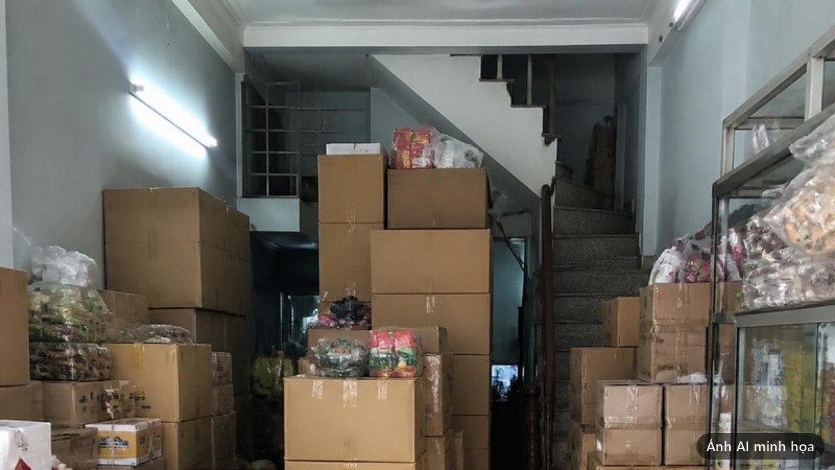 Thùng carton và hàng hoá chất cao hai bên, làm hẹp lối lên cầu thang của nhà vừa ở vừa bán hàng
