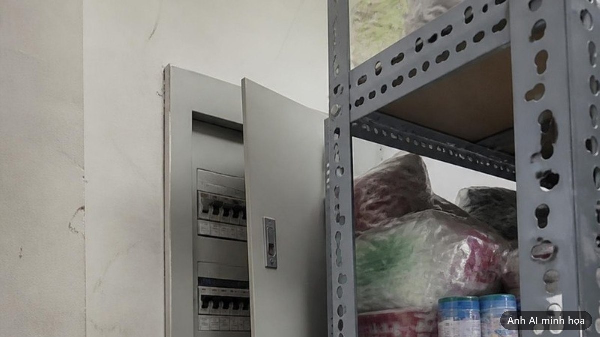 Tủ điện gắn tường bị giá kệ hàng hoá đẩy sát che mất, thùng hàng xếp phía dưới
