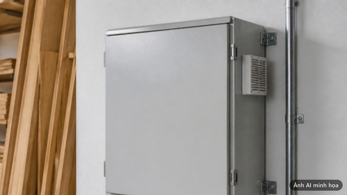 Tủ điện vỏ kim loại kín đặt đúng cách trên tường sạch trong xưởng gỗ