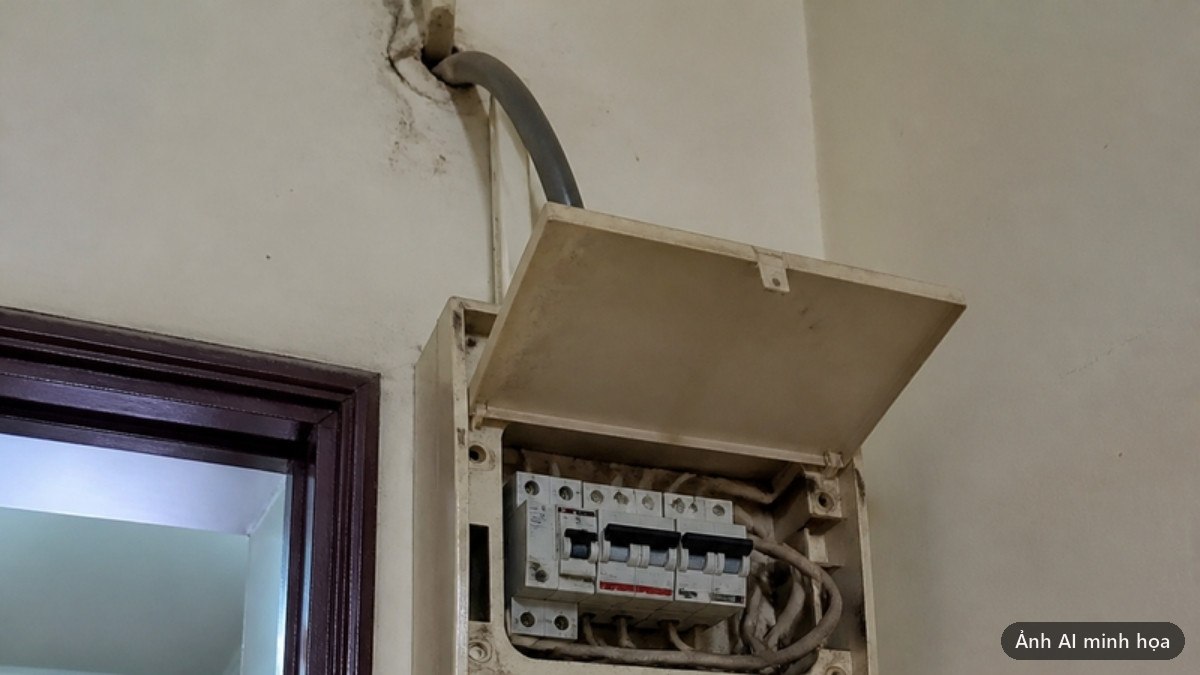 Tủ điện cũ gắn trên tường trong nhà, ngay chỗ dây nguồn đi xuyên tường vào, nắp mở thấy vài aptomat và dây xám