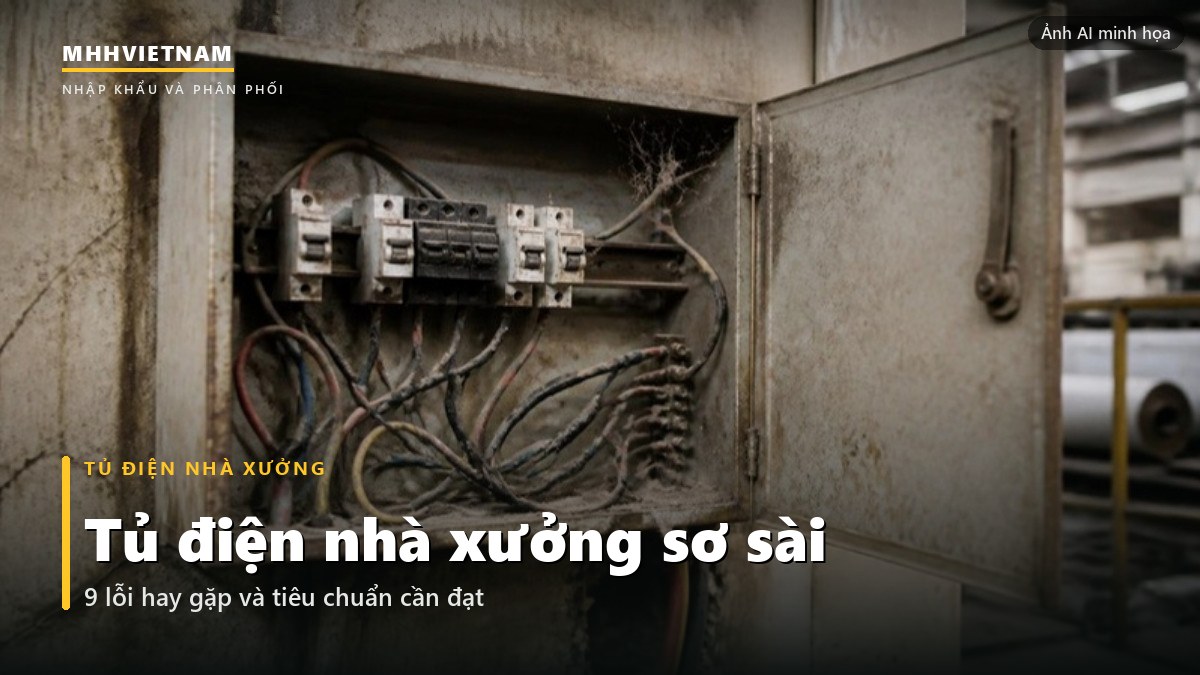 Tủ điện nhà xưởng sơ sài, dây nối tạm và bụi phủ