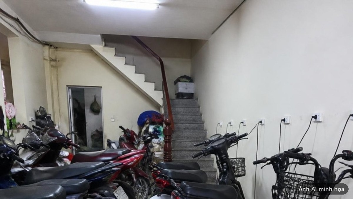 Xe máy và xe máy điện đỗ sát nhau ở tầng trệt nhà trọ, dây sạc cắm vào ổ trên tường