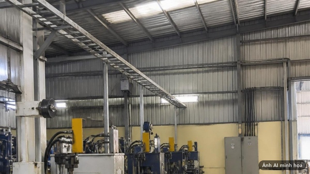 Bên trong một xưởng sản xuất với nhiều máy chạy động cơ ba pha và tủ điện gắn trên tường cuối lối đi